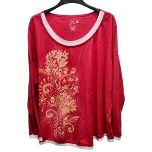 Just My Size Lagenlook T-Shirt Tee Womens 4X Red Gold Floral Long Sleeve Casual